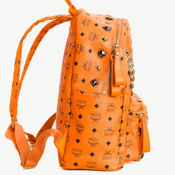 MCM Stark Metal Studs Orange Monogram Backpack - Picture 3 of 15